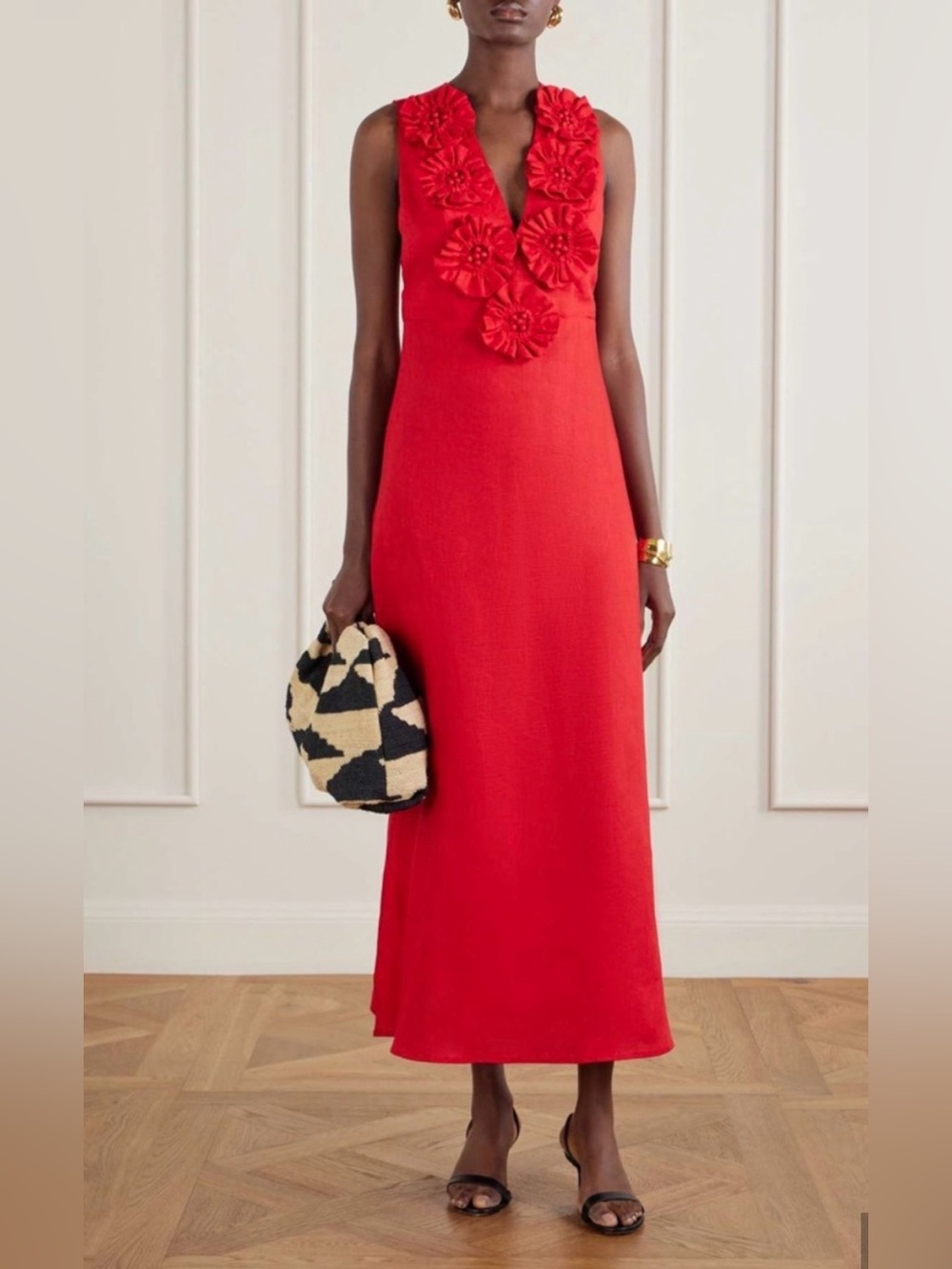 FARM Rio Red Sleeveless V-Neck Maxi Dress with Floral Appliqué